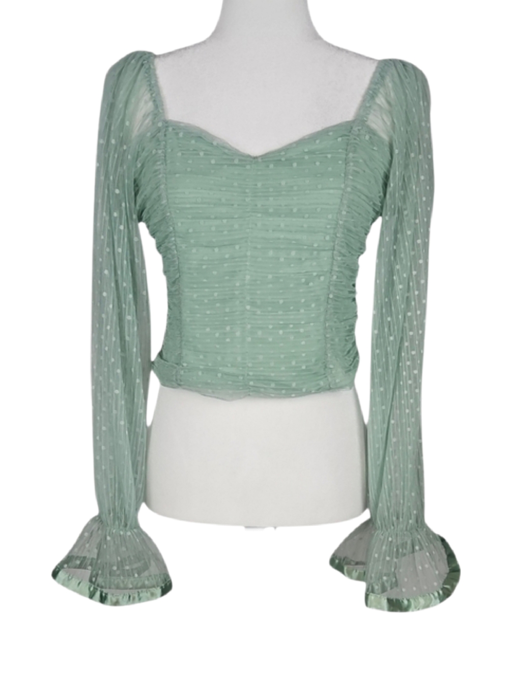 Pastel Mint Green Polka Dot Long Sleeve Sweetheart Crop Top Coquette Romantic L